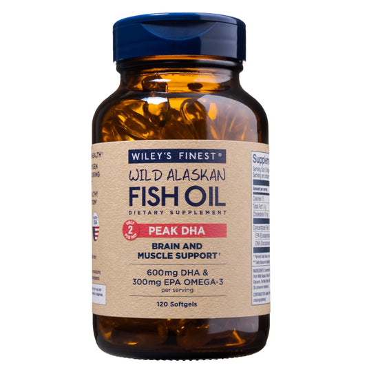 Wiley's Finest Wild Alaskan Fish Oil Peak DHA 900 mg bottle with 120 softgels