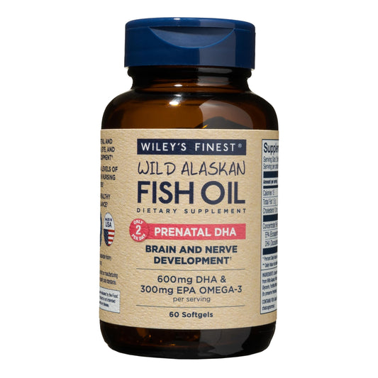 Bottle of Wiley's Finest Wild Alaskan Fish Oil Prenatal DHA with 60 softgels