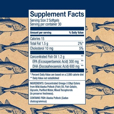 Nutritional label showing 600mg DHA and 300mg EPA per 2 softgels