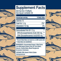 Nutritional label showing 600mg DHA and 300mg EPA per 2 softgels