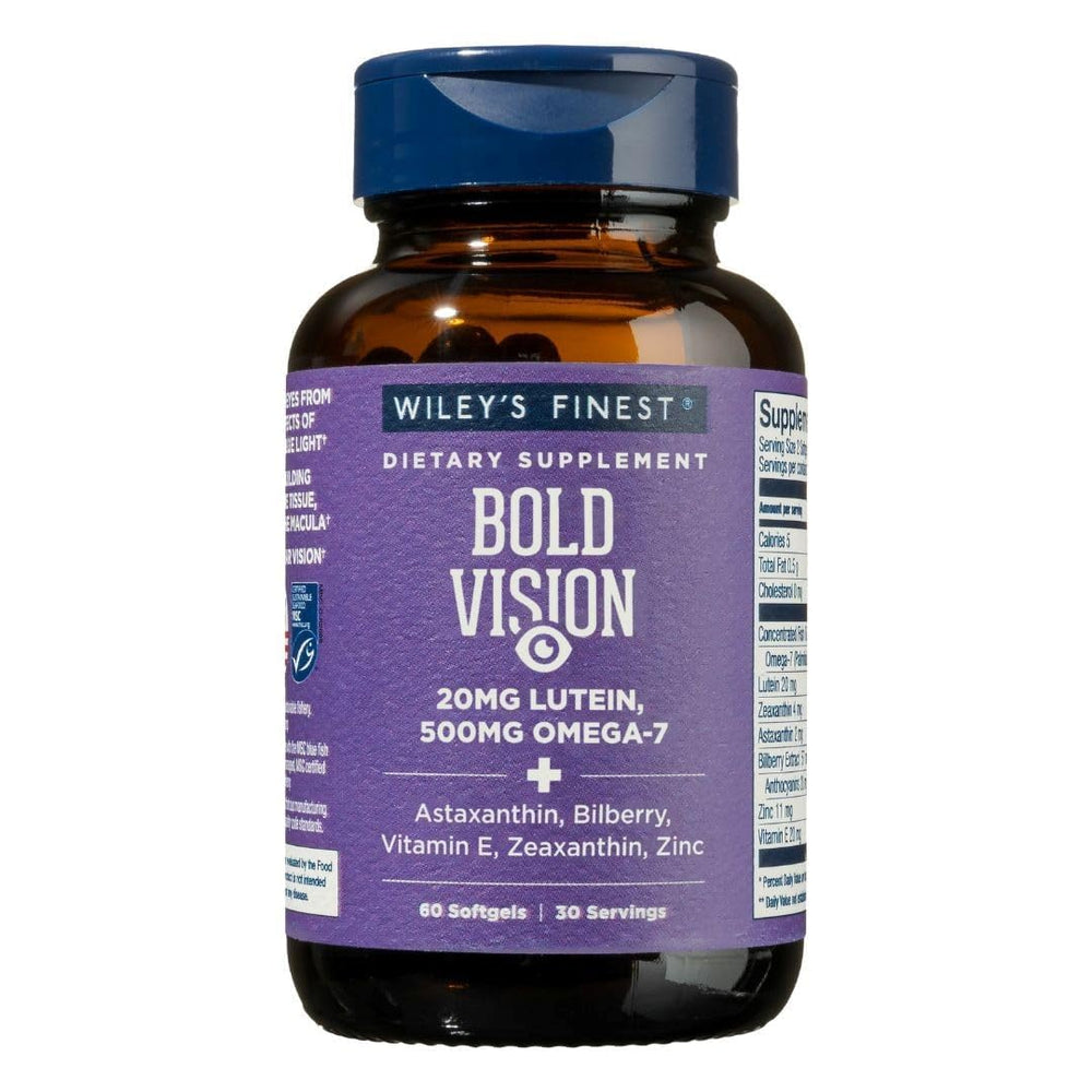 Wiley's Finest Bold Vision bottle front showing eye health support in a daily supplement.