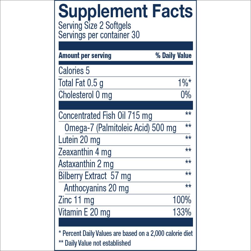 Bold Vision softgels close-up emphasizing omega-7 and lutein for potential eye comfort.