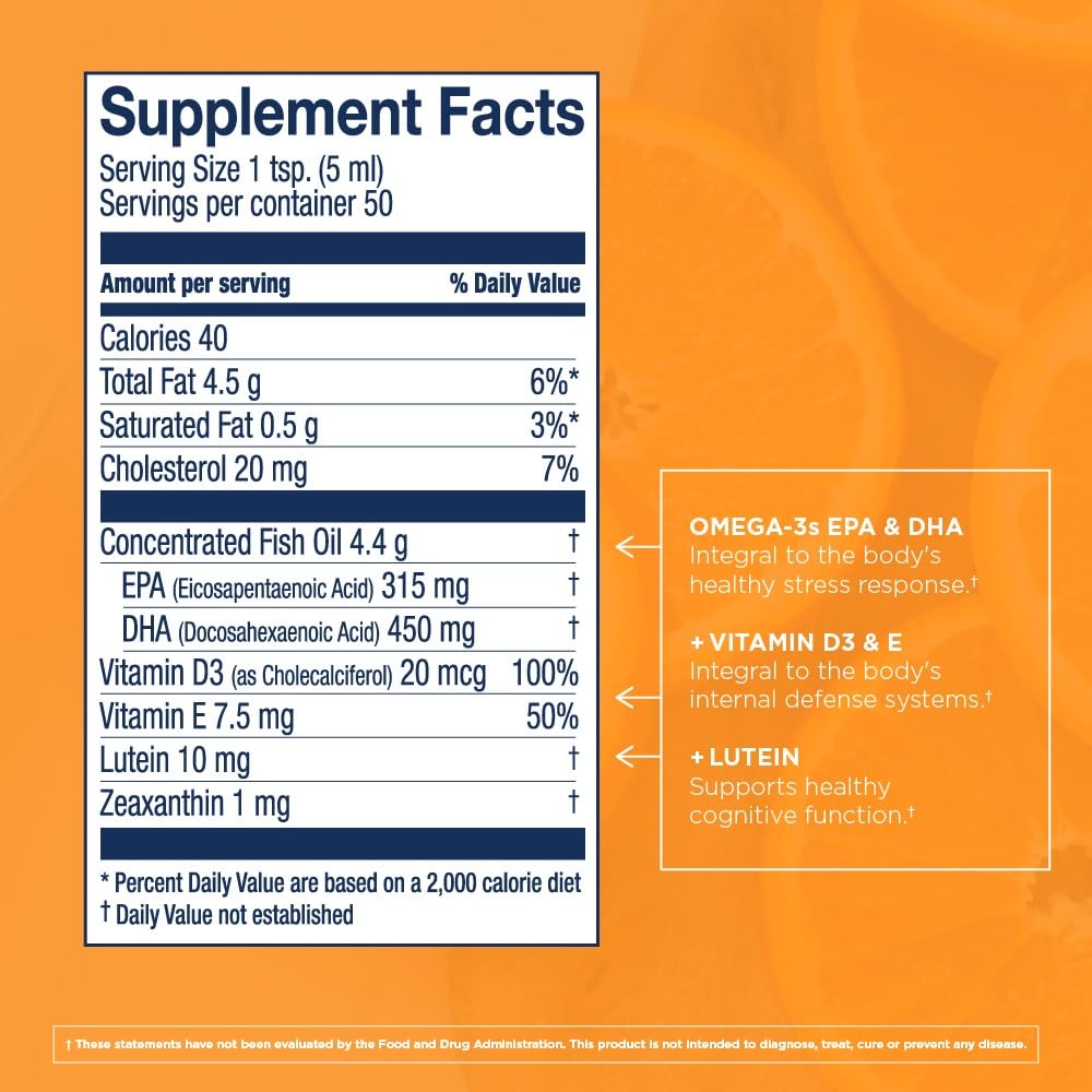 Close-up of orange flavor label on cod liver oil bottle