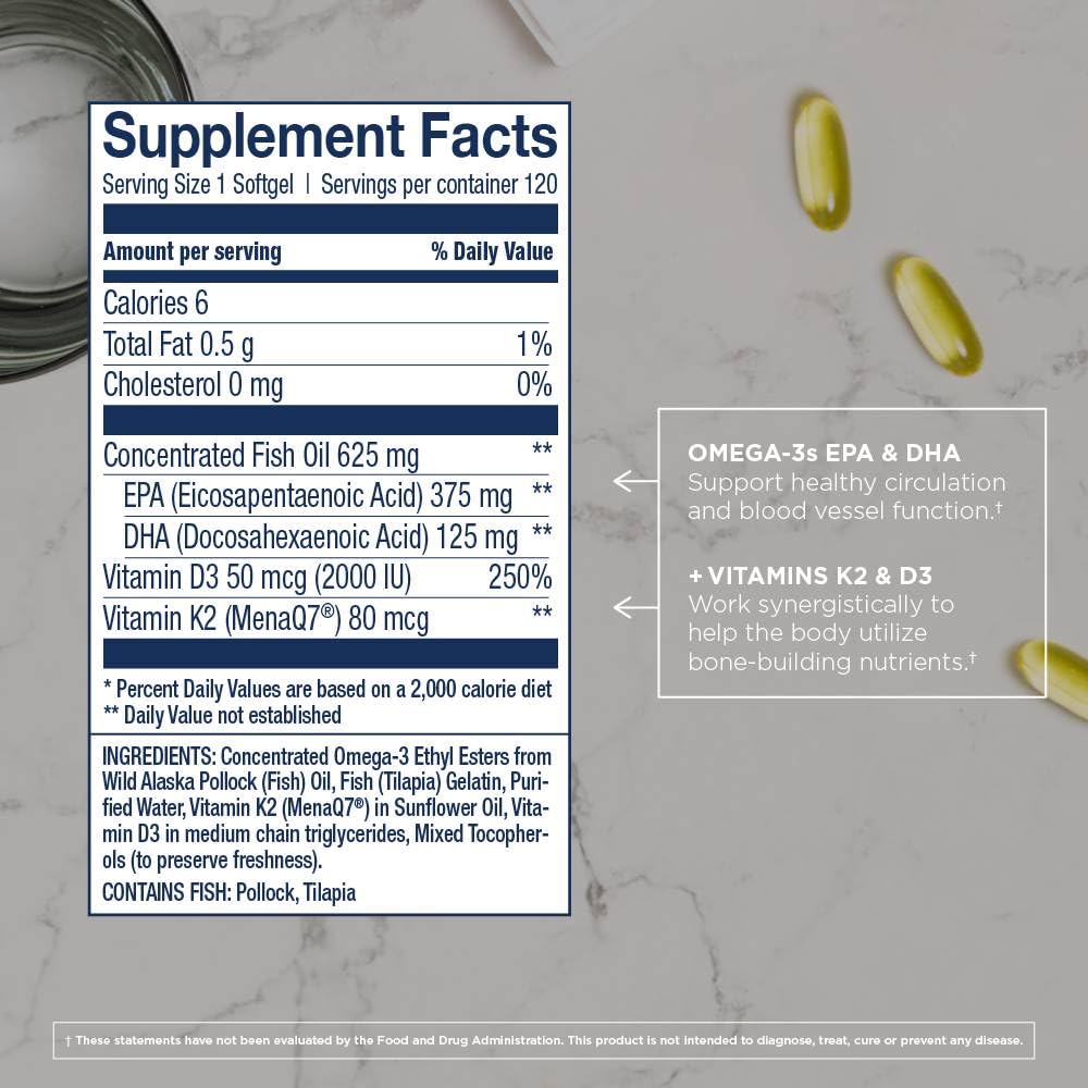 Fish oil bottle displayed with 120 softgels