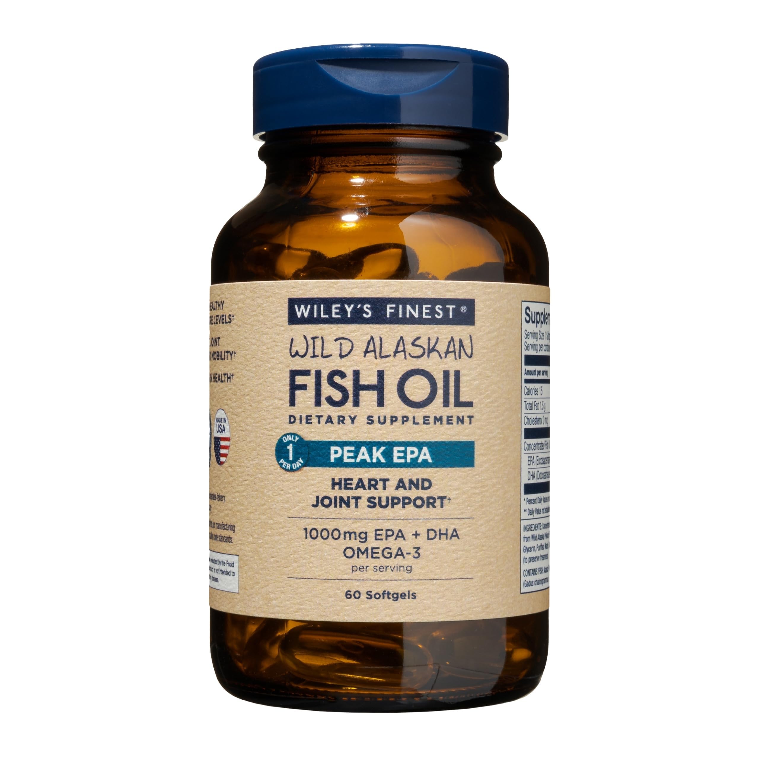 Wiley's Finest Peak EPA bottle front shows high-potency omega-3 for heart and joint support.