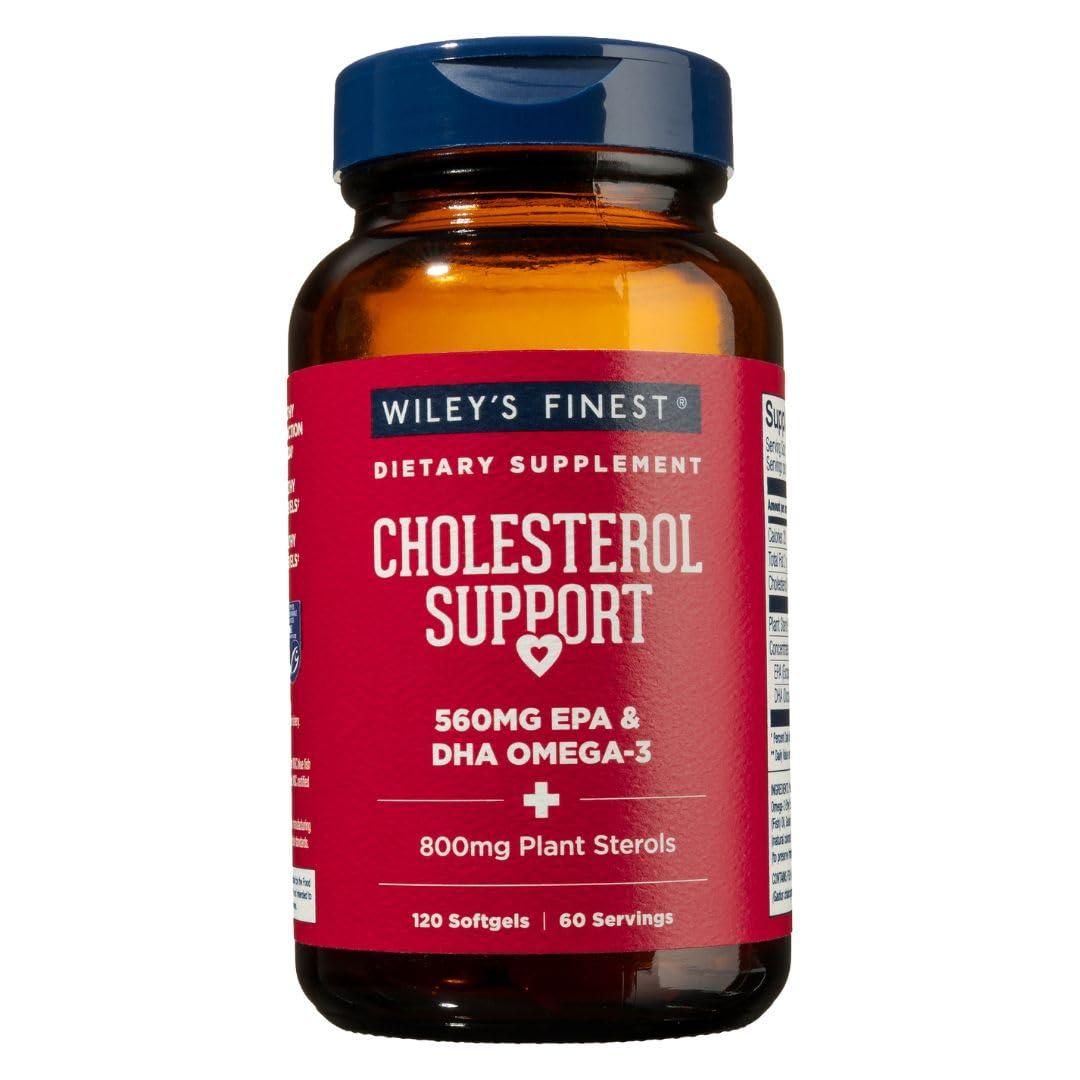 Front view of Wiley's Finest Wild Alaskan Fish Oil Cholesterol Support bottle