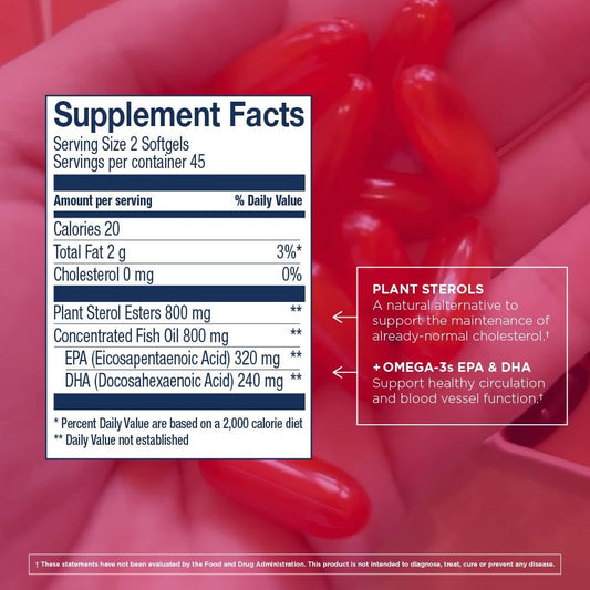 Close-up of softgel capsules showing EPA 350mg and DHA 180mg per serving