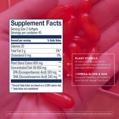 Close-up of softgel capsules showing EPA 350mg and DHA 180mg per serving