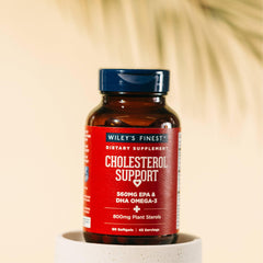 Product packaging showing 90 softgels (45 servings) and 560mg omega-3 per serving