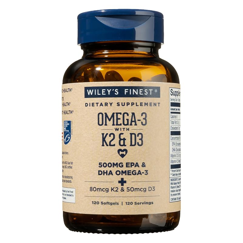 Wiley's Finest Wild Alaskan Fish Oil + K2 & D3 Softgels bottle and label