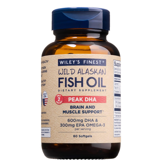 Wiley's Finest Wild Alaskan Fish Oil Peak DHA bottle and softgel capsules