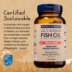 MSC-certified Alaska Pollock sourcing highlighted on Wiley's Finest Peak DHA label.