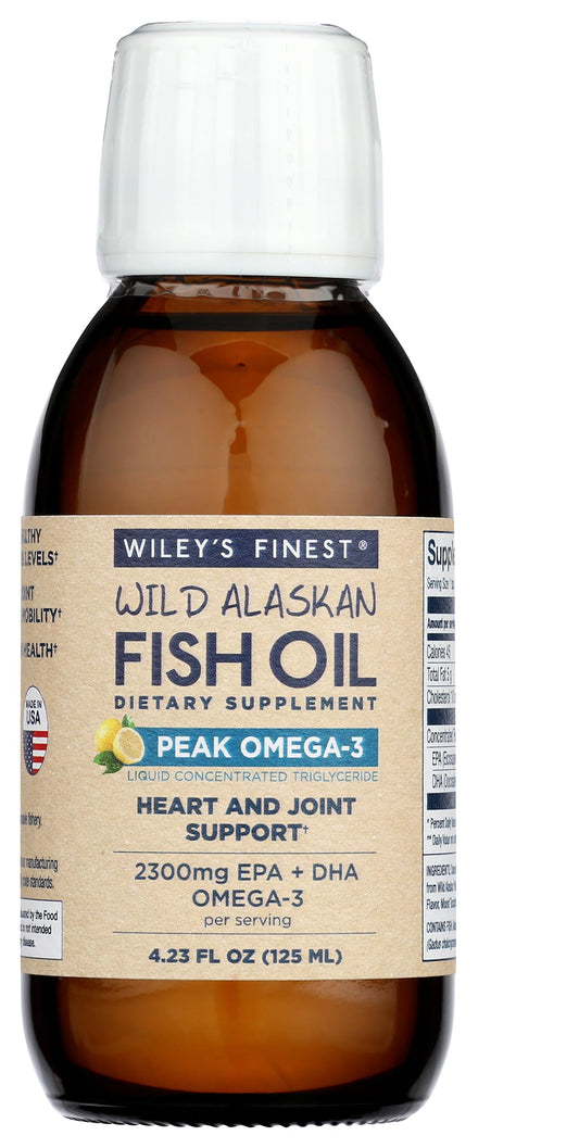 Wiley’s Finest Wild Alaskan Fish Oil Peak Omega-3 Lemon Liquid bottle