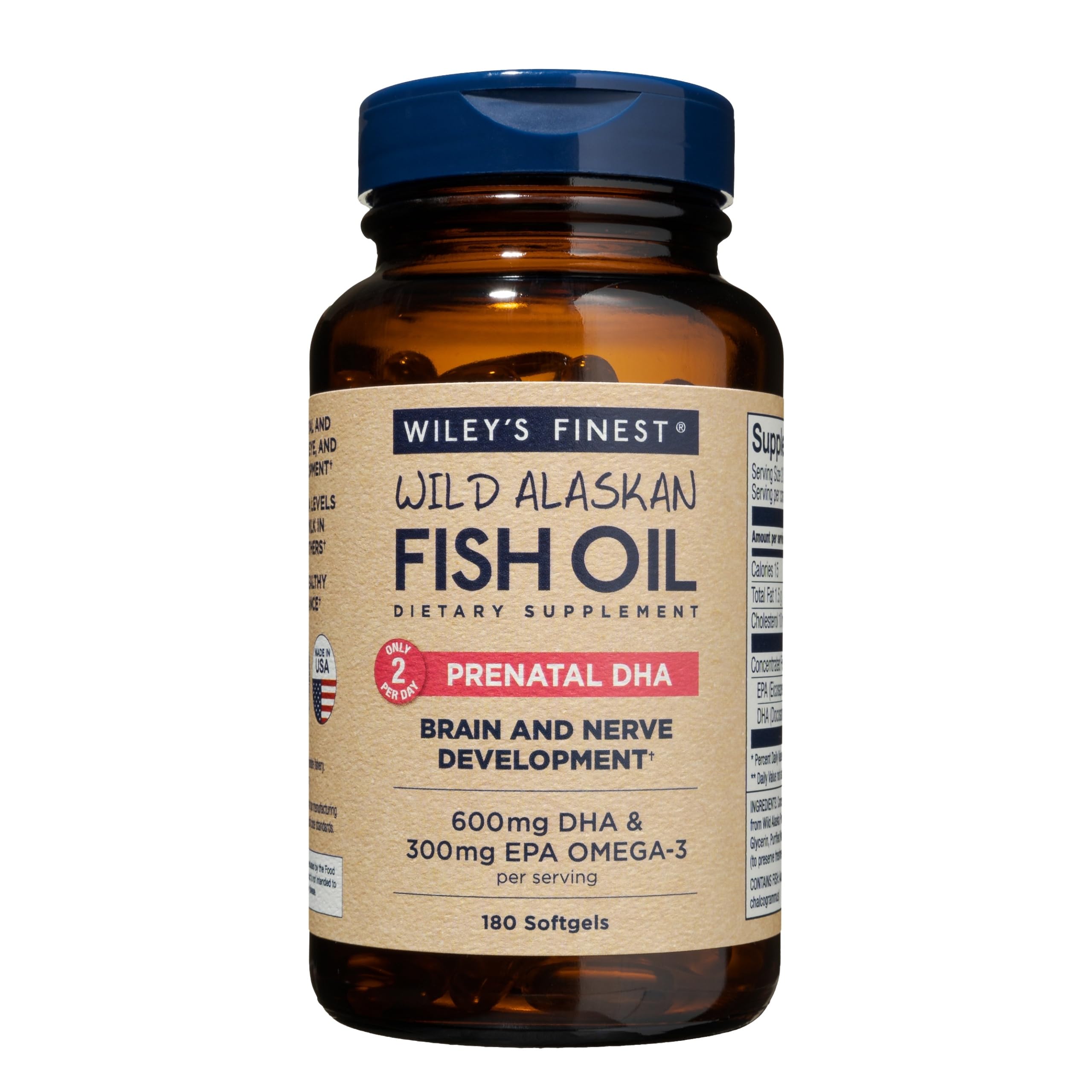 Wiley's Finest Wild Alaskan Fish Oil Prenatal DHA bottle with 180 softgels