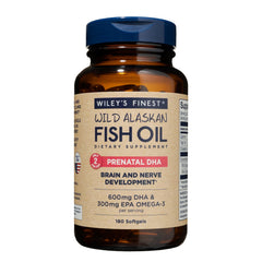 Wiley's Finest Wild Alaskan Fish Oil Prenatal DHA bottle with 180 softgels