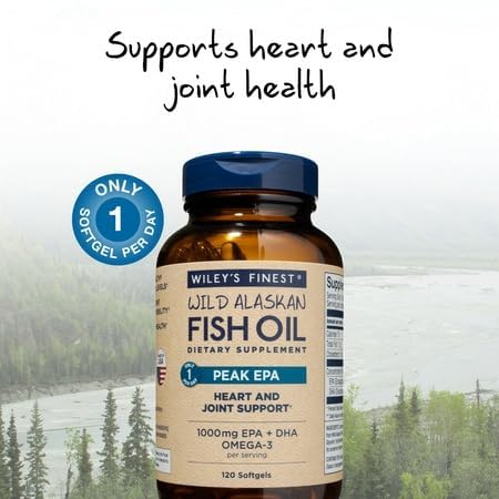 Wiley's Finest Peak EPA softgel capsules closeup, contains EPA and DHA for total omega-3