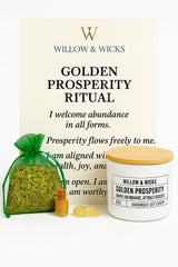 Willow & Wicks Golden Prosperity candle 8oz, ideal for focused abundance rituals