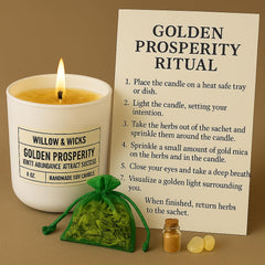 Candle, herbs, and crystals assembled for a complete abundance ritual