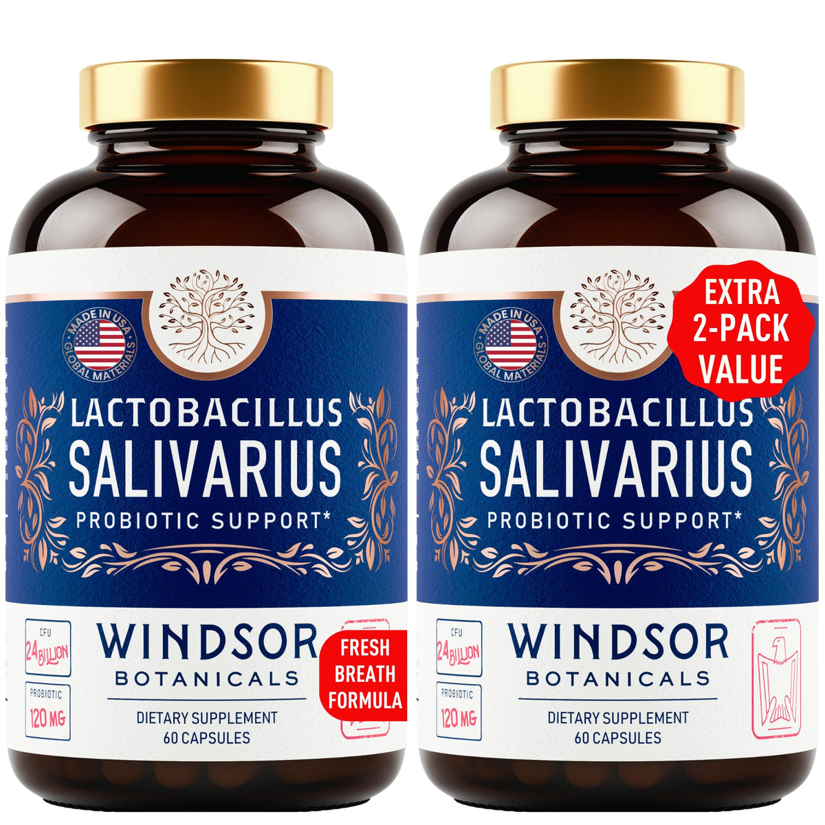 Product front view of Windsor Botanicals Lactobacillus Salivarius probiotic capsules