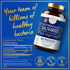 Label of Windsor Botanicals Lactobacillus Salivarius probiotic bottle