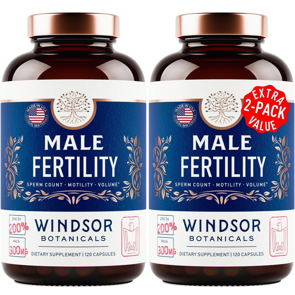 Windsor Botanicals Men's Fertility Supplements 2-Pack bottle with capsules