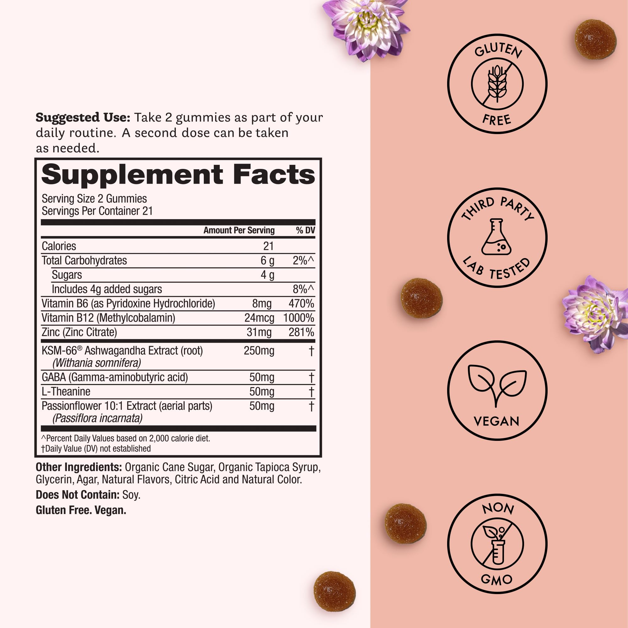 Ingredients lineup featuring KSM-66 Ashwagandha, L-Theanine, GABA and Passionflower