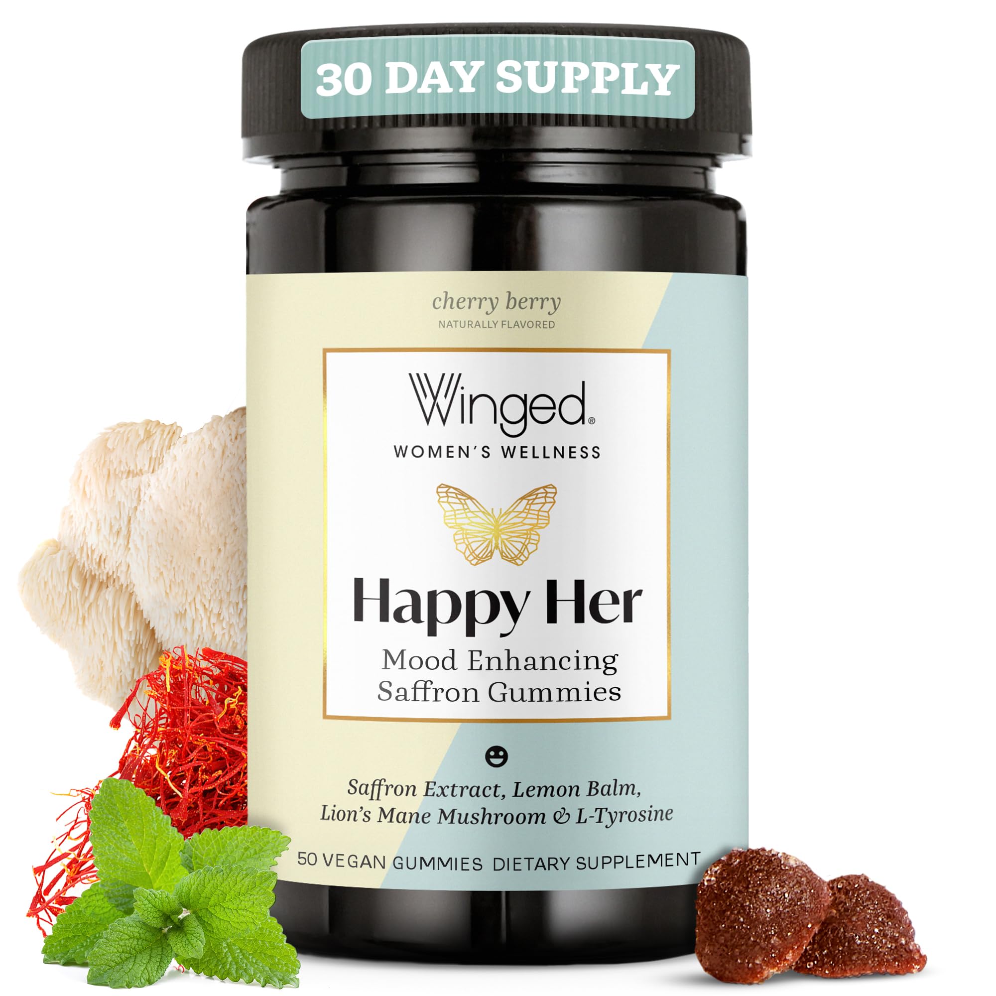 Bottle of Winged Wellness Happy Her Mood Gummies for women's mood support