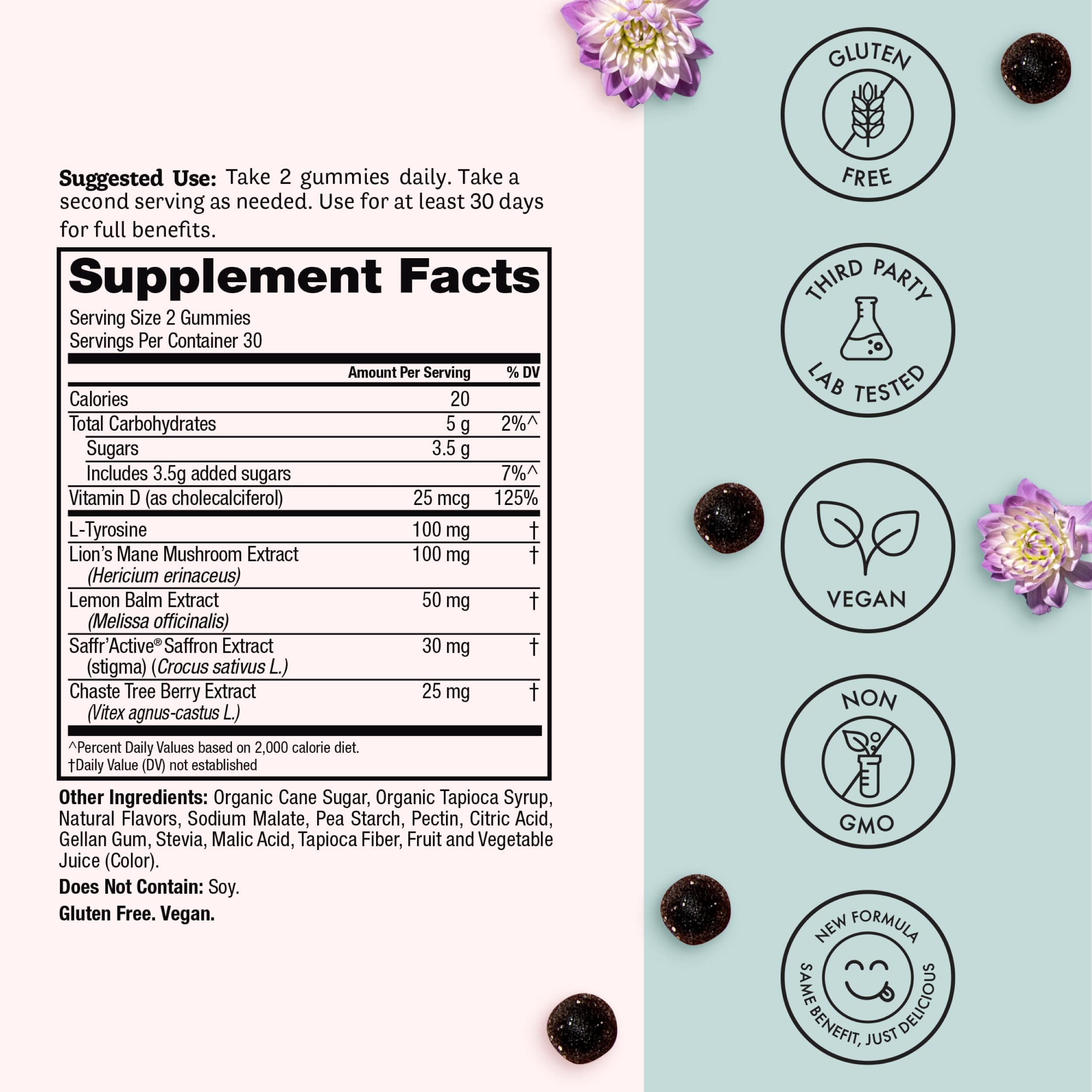 Product lifestyle image showing a woman smiling with Happy Her Mood Gummies