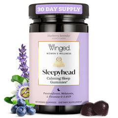 Bottle of Winged Wellness Sleepyhead Gummies for Women in blueberry lavender flavor