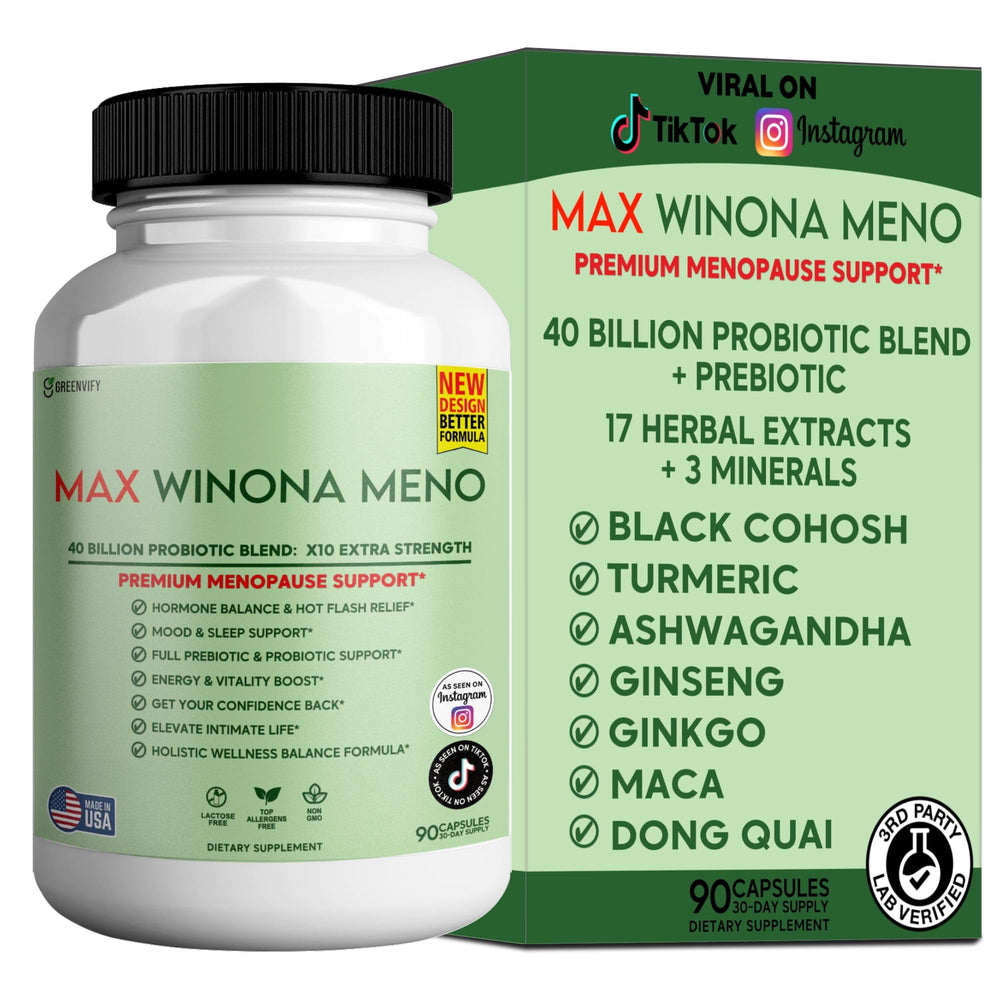 Bottle of Winona Max Premium Menopause Support on white background