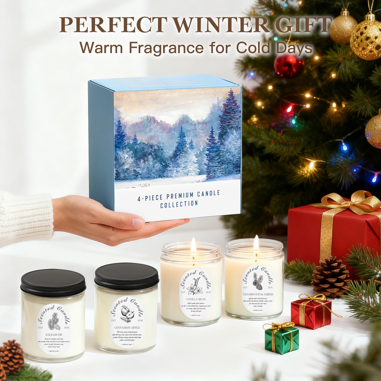 Cedarwood & Amber 7oz soy candle from the Winter Gift Set in a clear glass jar