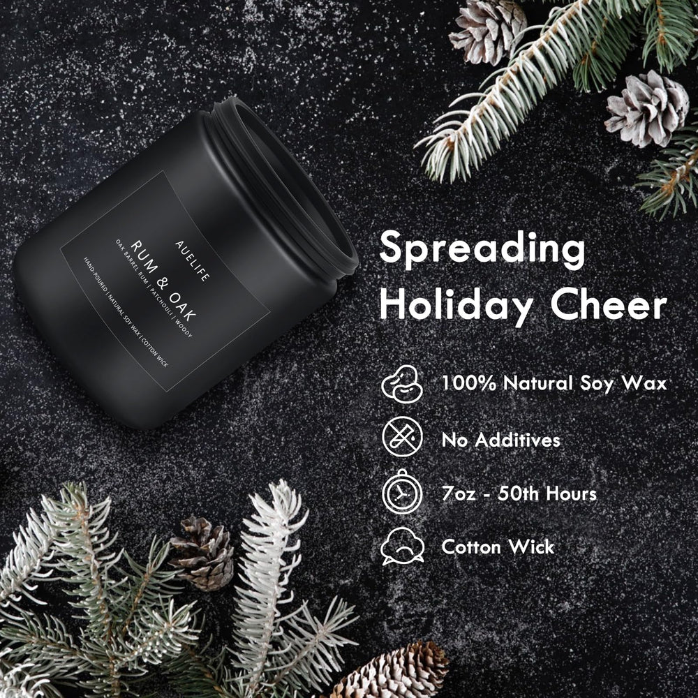 Whiskey Tobacco soy candle in a black matte jar