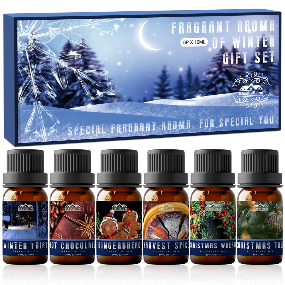 Six 10ml dark glass essential oil bottles in winter gifts set