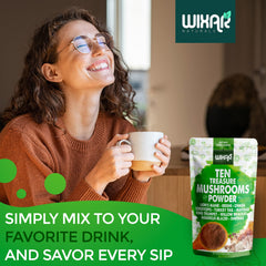 Lifestyle shot showing coffee and smoothie with mushroom powder
