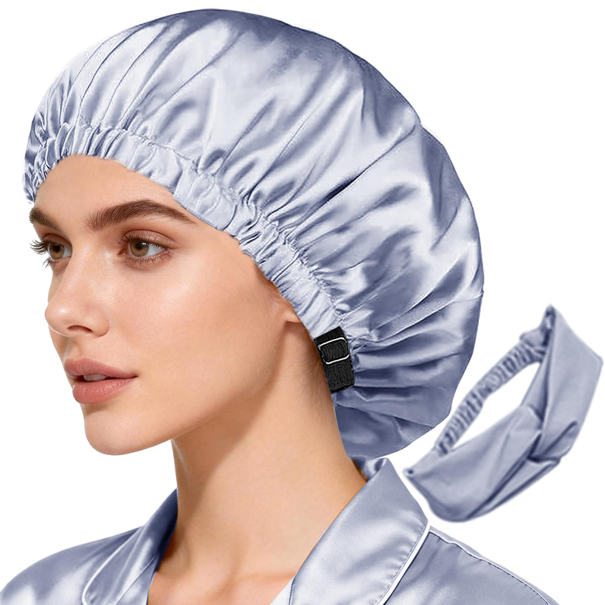 WJing Yi Jia dusty-blue satin bonnet front view, double-layer protection for hair.