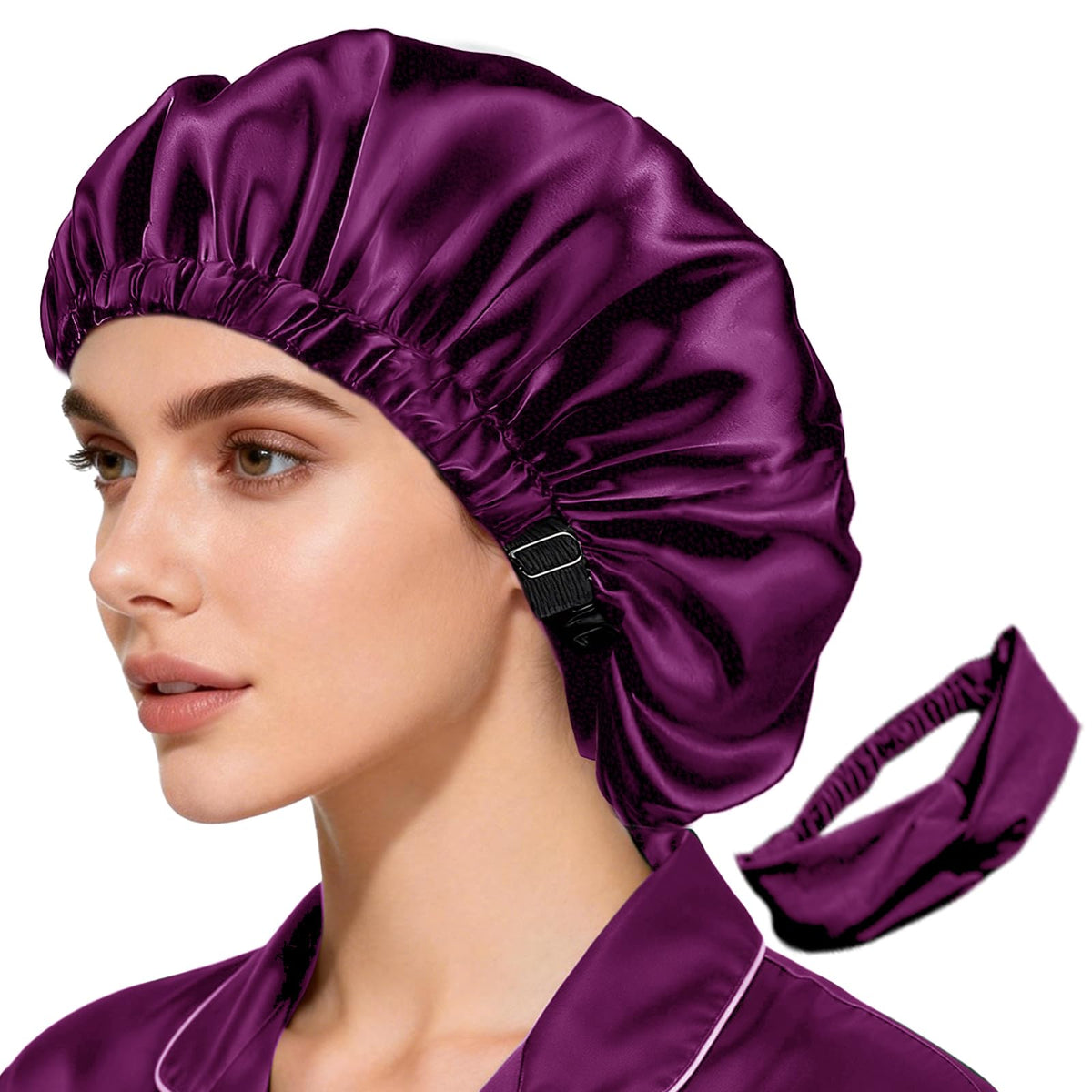 WJing Yi Jia satin bonnet 2-pcs sleep cap in plum shows soft, breathable satin for nightly use.