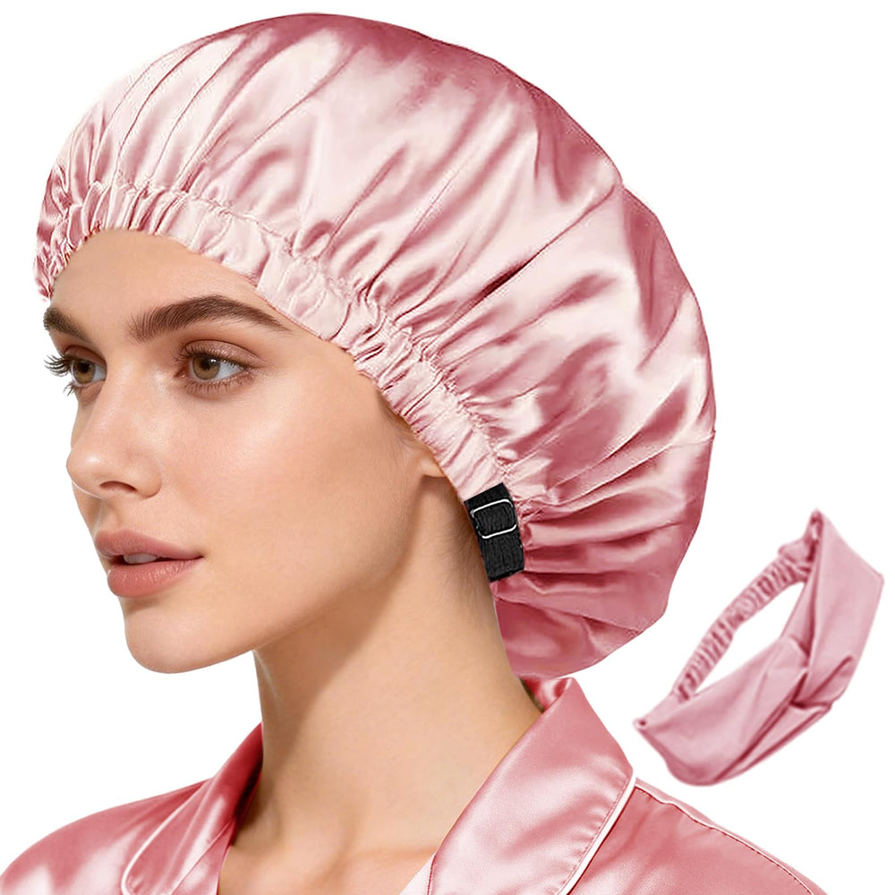 WJing Yi Jia satin bonnet on head for gentle sleep-time hair protection.