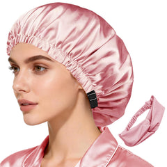 WJing Yi Jia satin bonnet on head for gentle sleep-time hair protection.