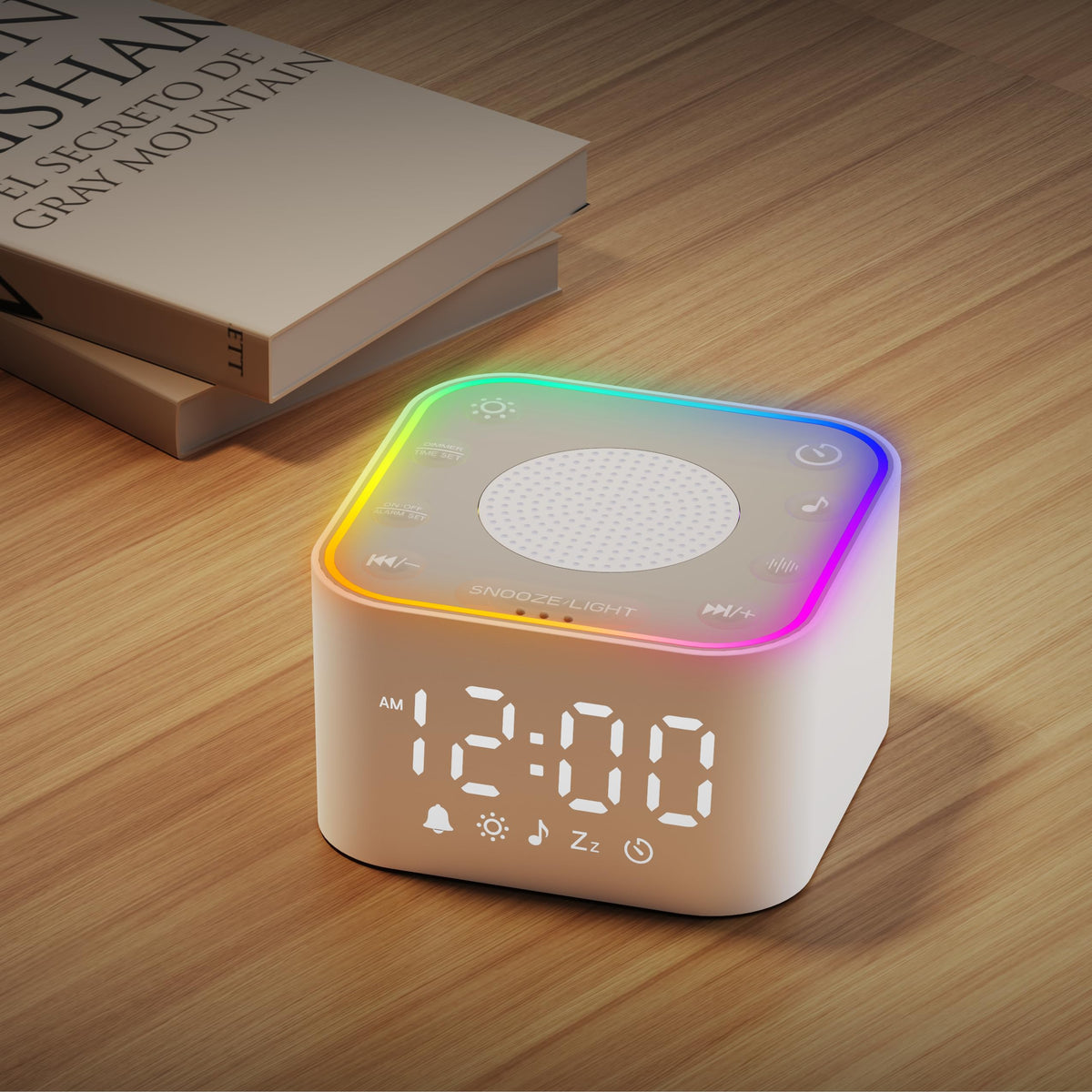 Wkzay White Noise Sound Machine on bedside table for calmer sleep.