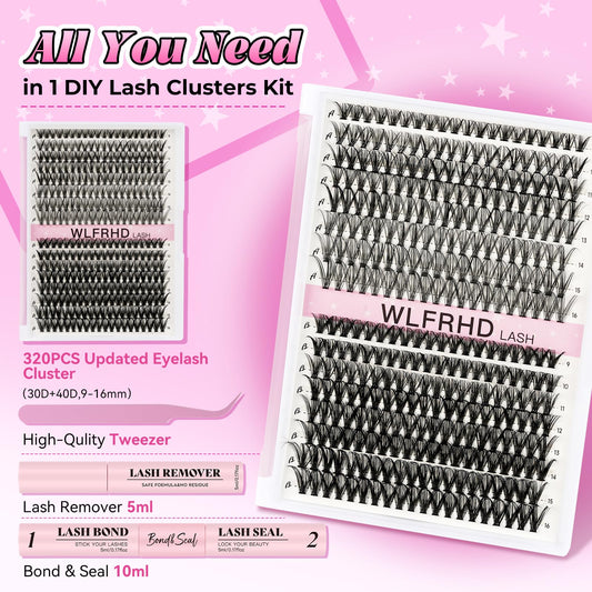 WLFRHD D curl lash clusters 9-16mm for customizable daily or evening looks.