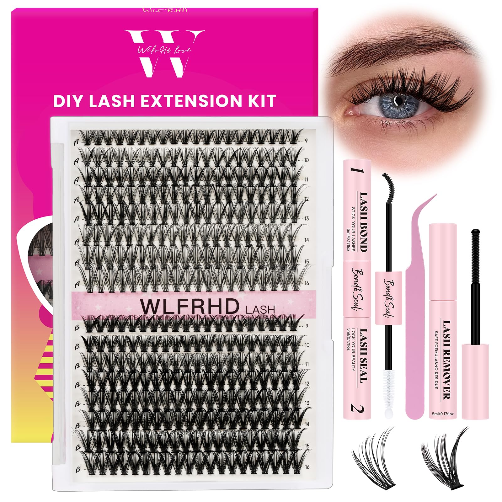 WLFRHD lash clusters kit 320 pcs with D curl clusters for quick at-home lash volume.