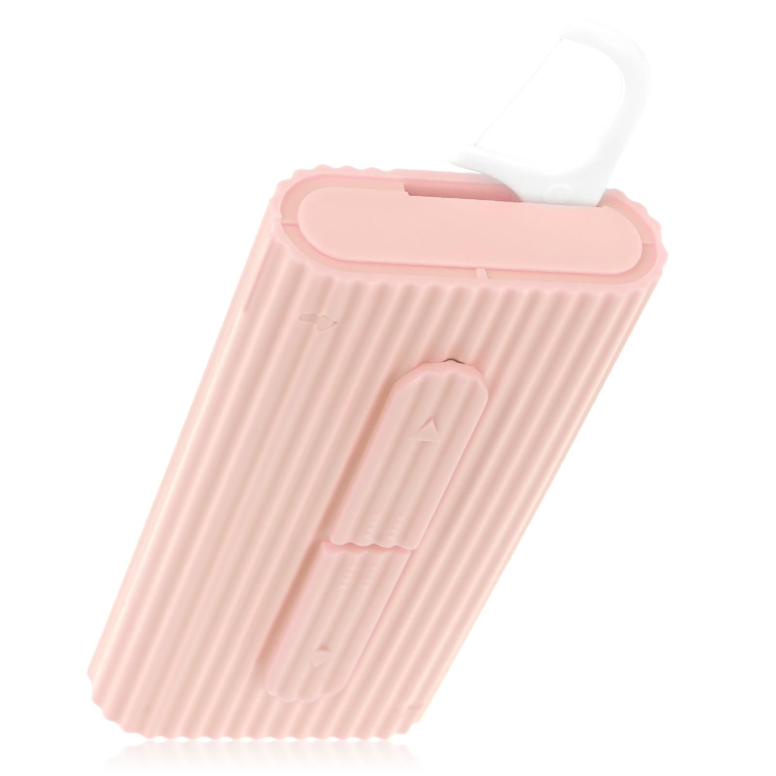 Close-up of pink floss case with container and floss picks
