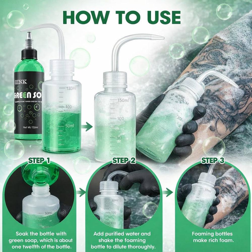 WMHSO green soap dilution process showing 1:10 mix for hygiene.