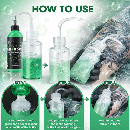 WMHSO green soap dilution process showing 1:10 mix for hygiene.