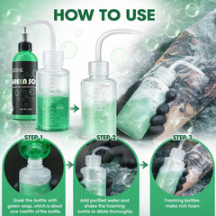 WMHSO green soap dilution process showing 1:10 mix for hygiene.