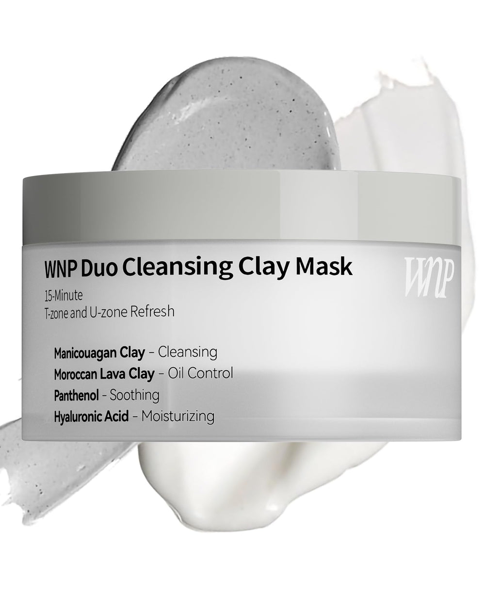 WNP Duo Cleansing Clay Mask texture closeup shows creamy clay formula for deep cleansing.