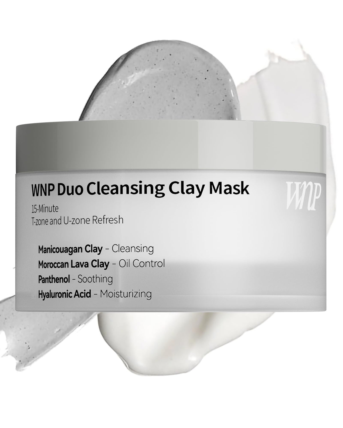 WNP Duo Cleansing Clay Mask texture closeup shows creamy clay formula for deep cleansing.