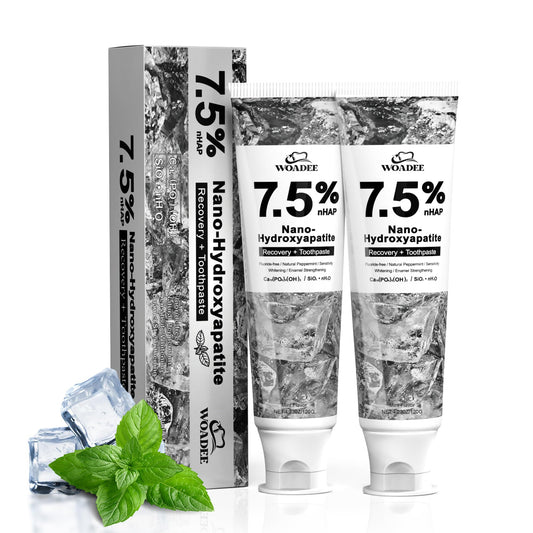 Woadee 7.5% nano hydroxyapatite toothpaste tube close-up