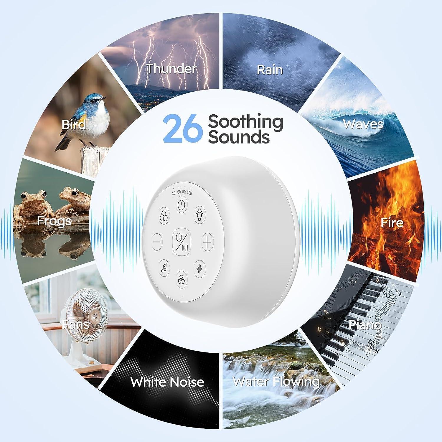 Wobrikosee 26 soothing sounds library including natural, white noise, and fans