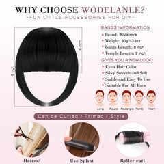 Wodelanle clip-in bangs clip closeup shows secure, discreet attachment
